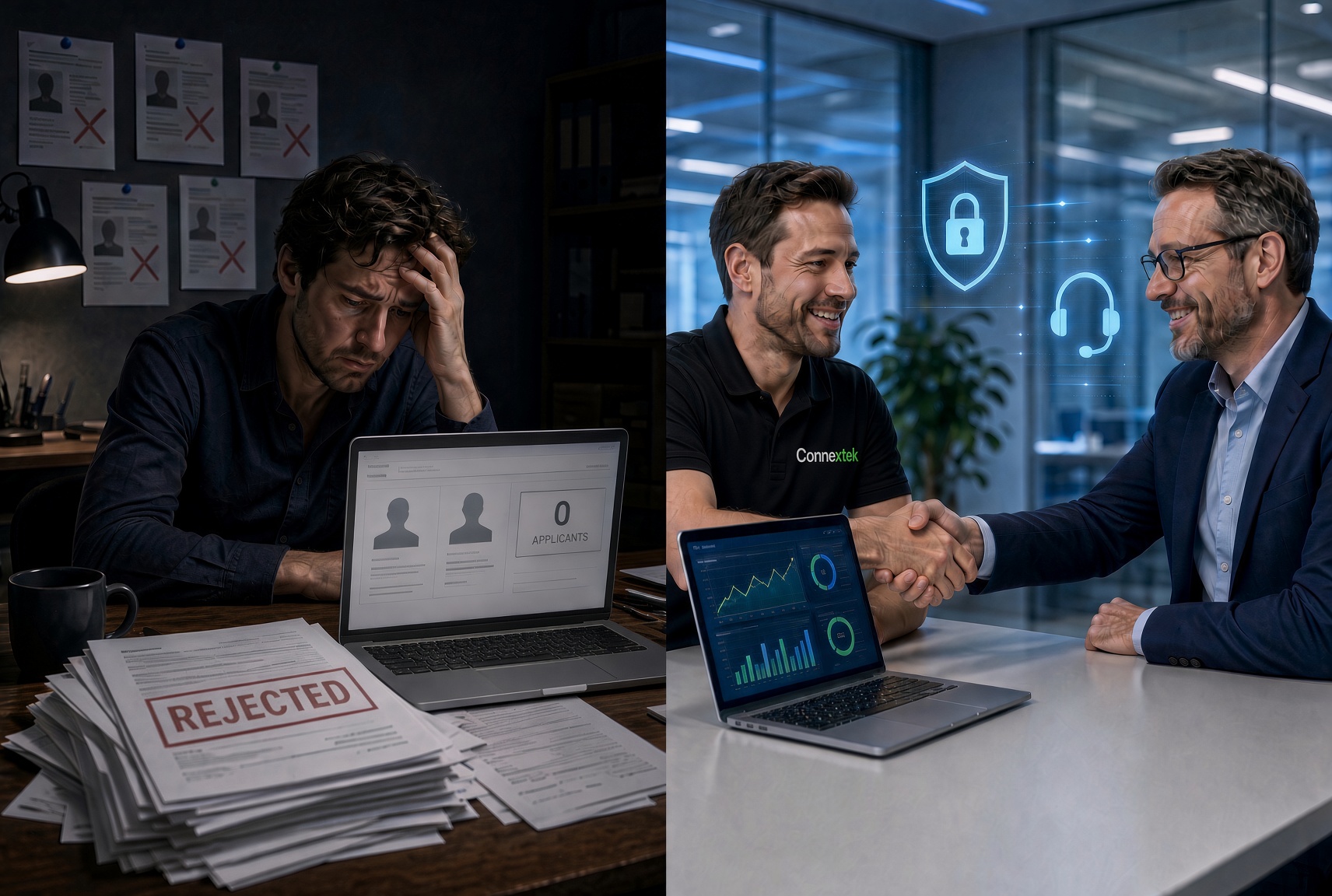 Left: stressed man at a desk with a laptop showing '0 applicants' and a pile of 'REJECTED' papers; right: two men shake hands in a modern office with blue holographic security icons above them.